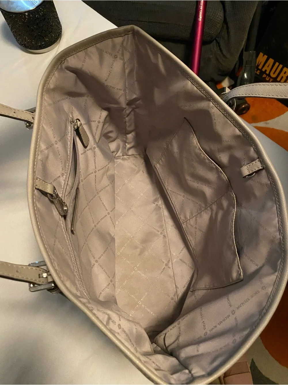 Michael Kors Taupe and White MK Logo Tote with MK Charm